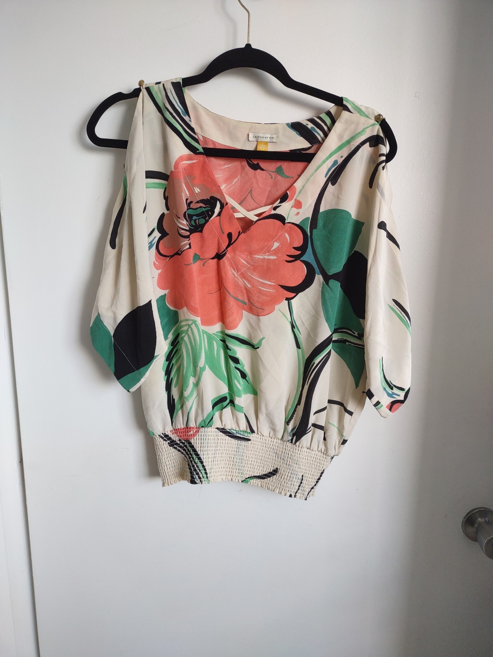 leifsdottir 100%Silk Cream Blouse with Coral & Green Floral Print